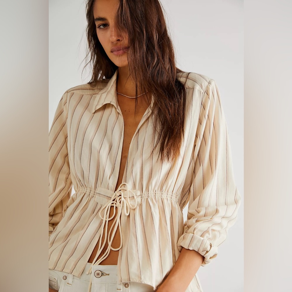 Free People Cream and Tan Striped Button-Down Shirt